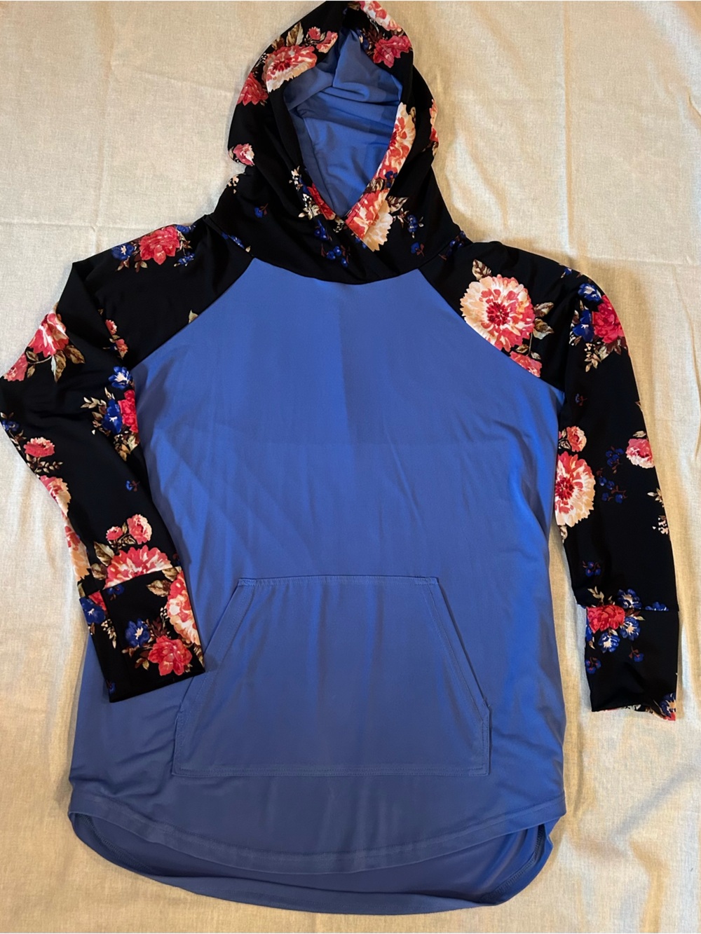 LuLaRoe Blue Hoodie with Black Floral Sleeves